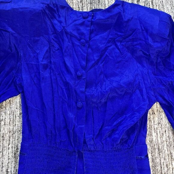 VTG 90s Karin Stevens Dress Blue Midi LS Embroidery Beads Secretary Geek - Picture 13 of 14